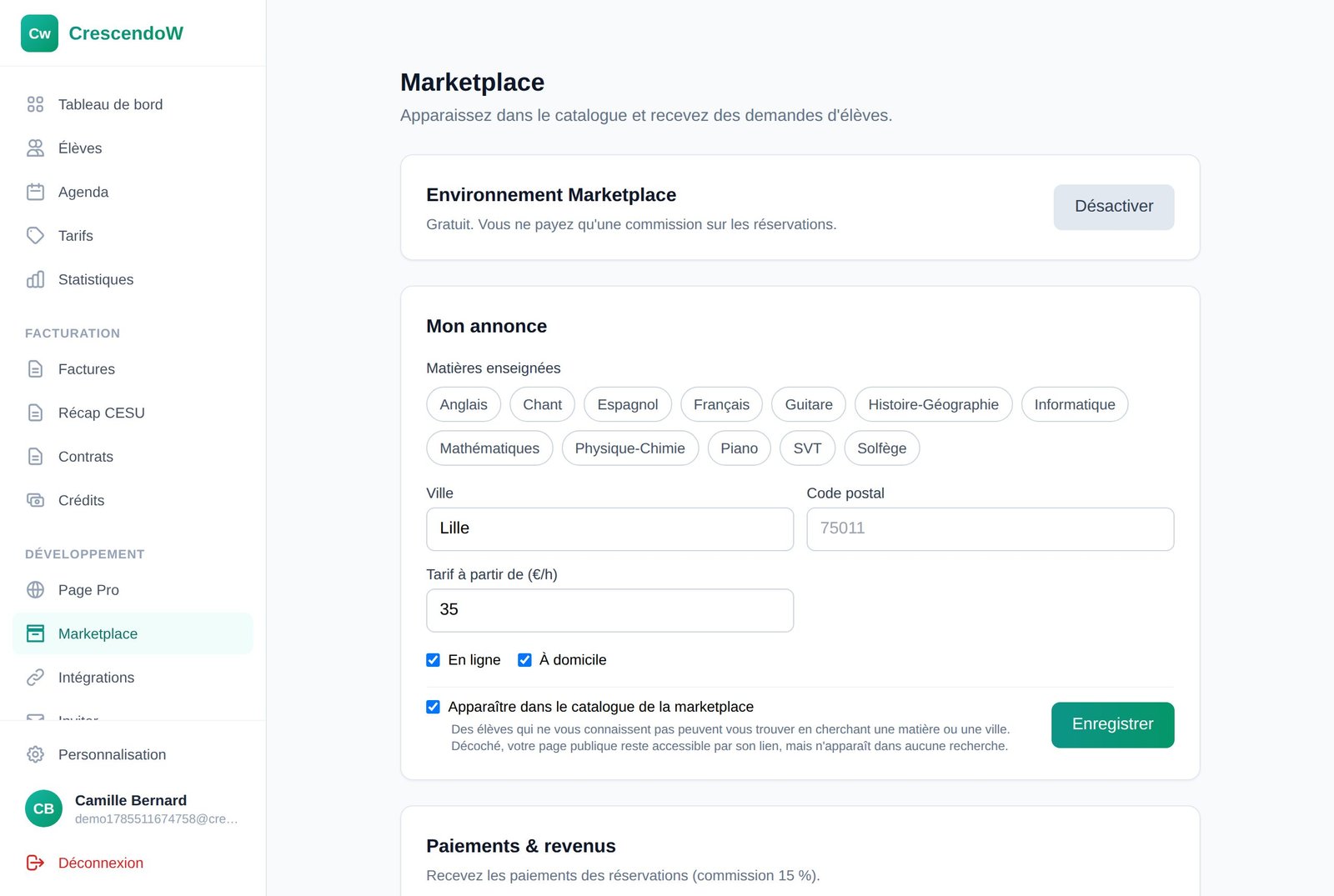L’écran Marketplace de CrescendoW : prestations, ville, tarif et publication de l’annonce dans le catalogue